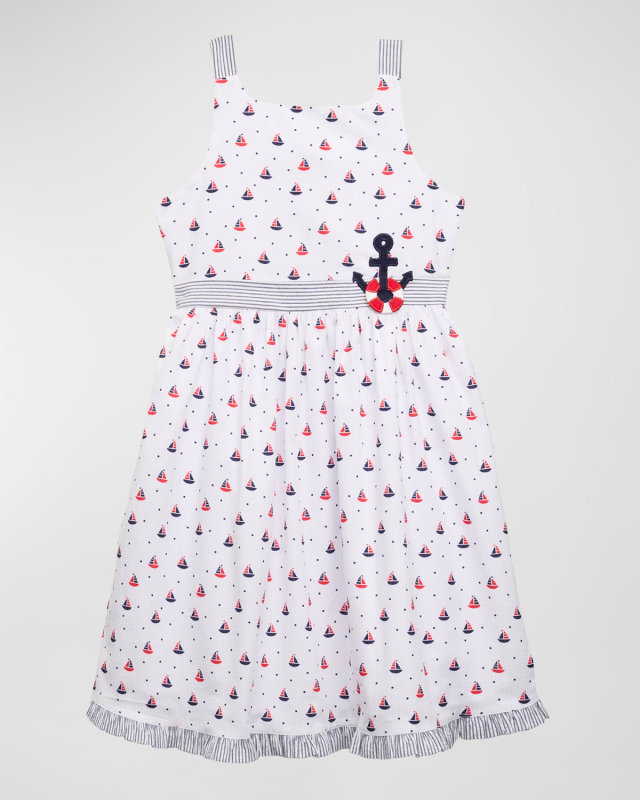 Girl's Sailboat Print Seersucker Dress with Anchor, Size 2-6